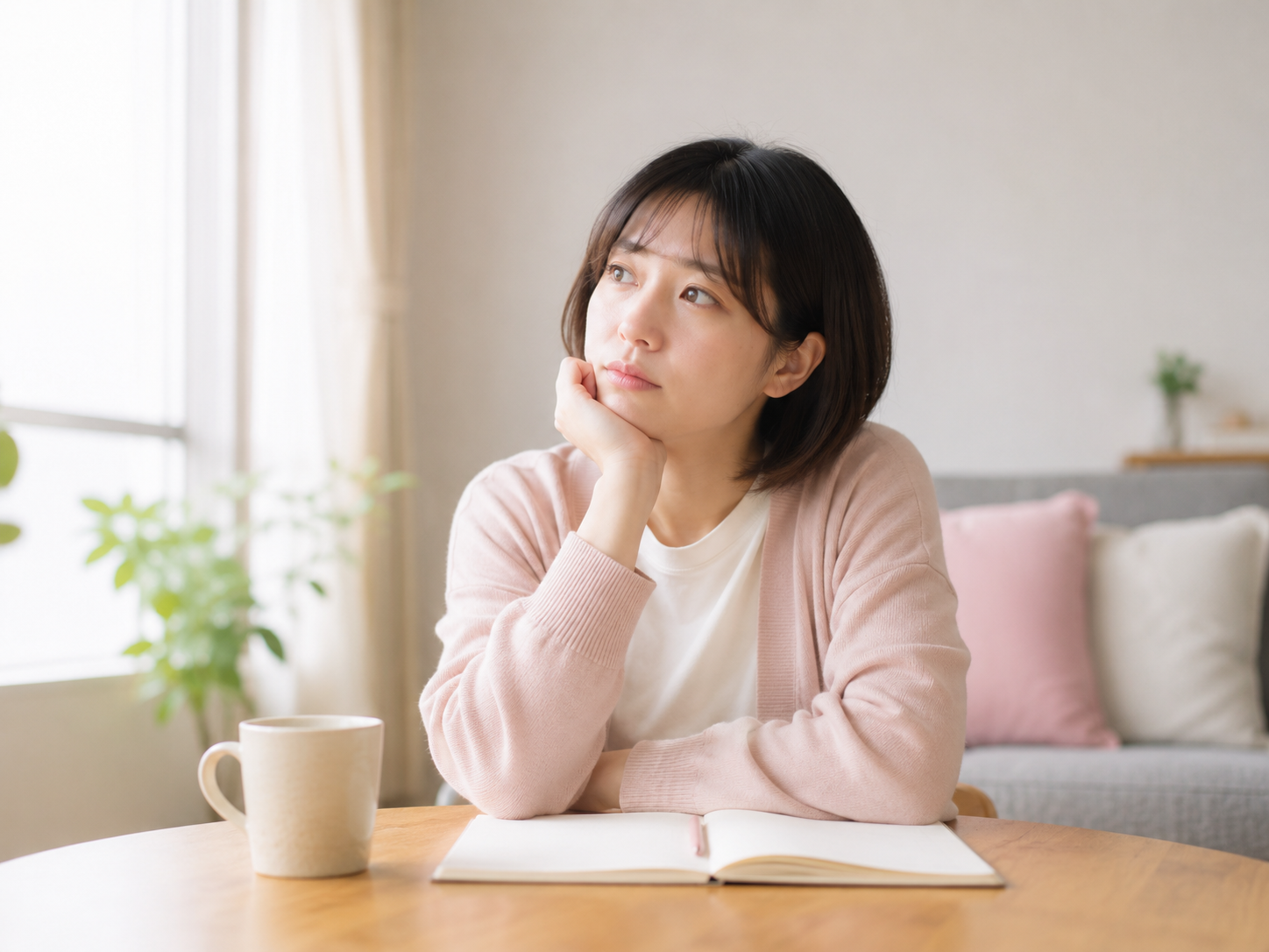 働くことへの不安や悩みを抱えながらも、静かな場所で考える女性